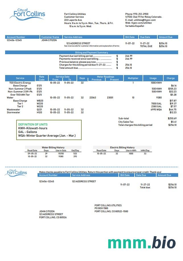 USA Colorado Fort Collins Utilities szablon rachunku za media w formacie Word i PDF